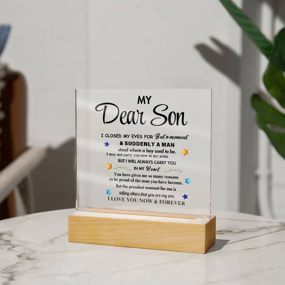 My Dear Son Clear Acrylic Desk Sign – A Thoughtful Gift from Mom and Dad for Birthday, Christmas, and Graduation, Perfect for Home Decor