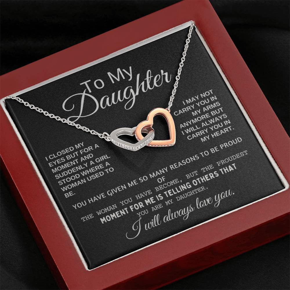 To My Daughter Heart Necklace Interlocking Hearts Necklace (Yellow & White Gold) With Text Gift Card And Gift Box Packaging, Christmas Gift