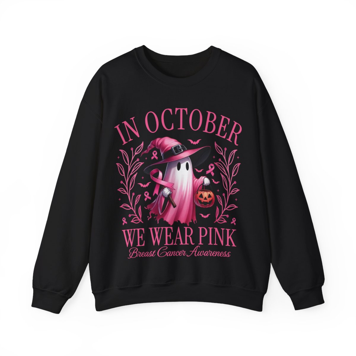 October Breast Cancer Awareness Sweatshirt - Retro Pink Ghost Halloween Sweatshirt | In October We Wear Pink for Breast Cancer