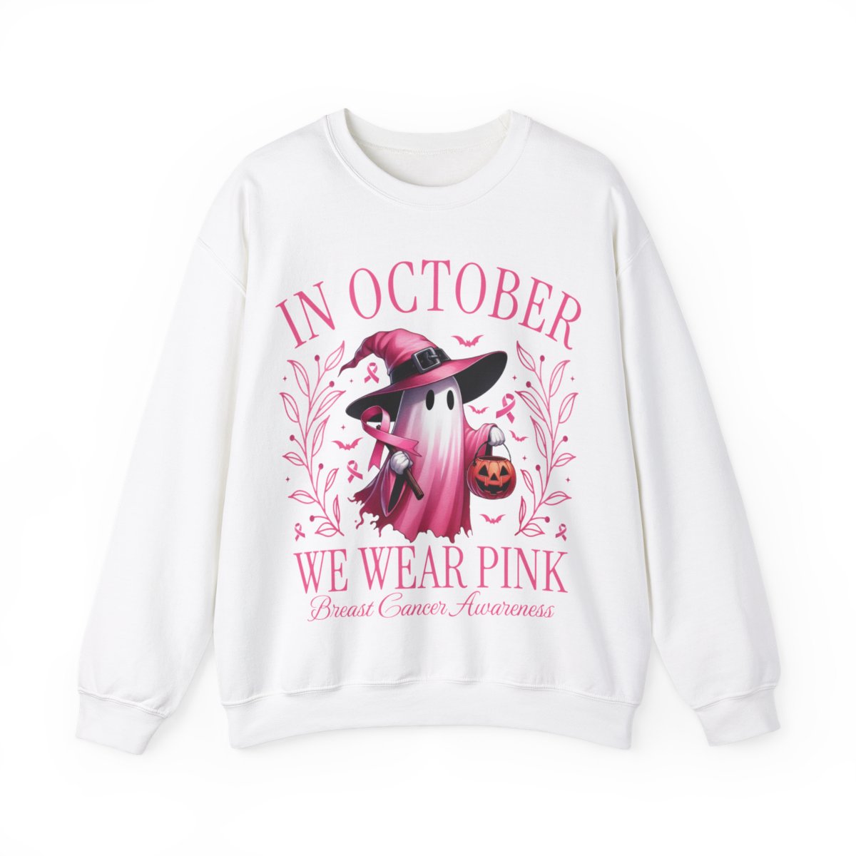 October Breast Cancer Awareness Sweatshirt - Retro Pink Ghost Halloween Sweatshirt | In October We Wear Pink for Breast Cancer