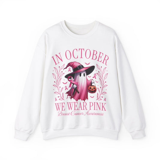 October Breast Cancer Awareness Sweatshirt - Retro Pink Ghost Halloween Sweatshirt | In October We Wear Pink for Breast Cancer