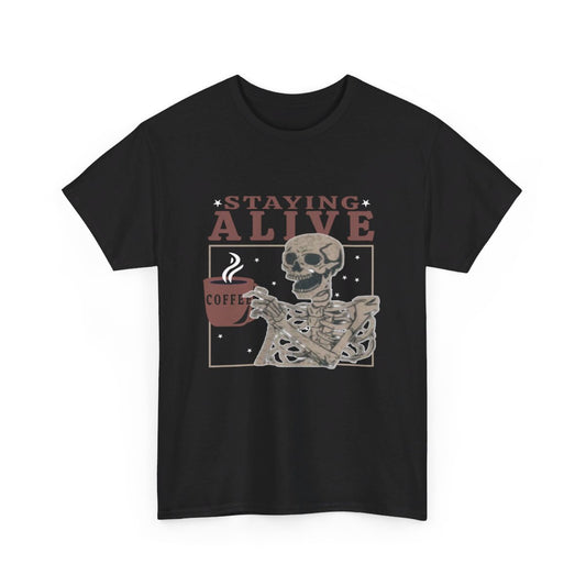 Staying Alive Skeleton T-Shirt - Trendy Vintage Coffee Tee for Women | Funny Halloween Skull Shirt in Comfort Colors for Coffee Lovers